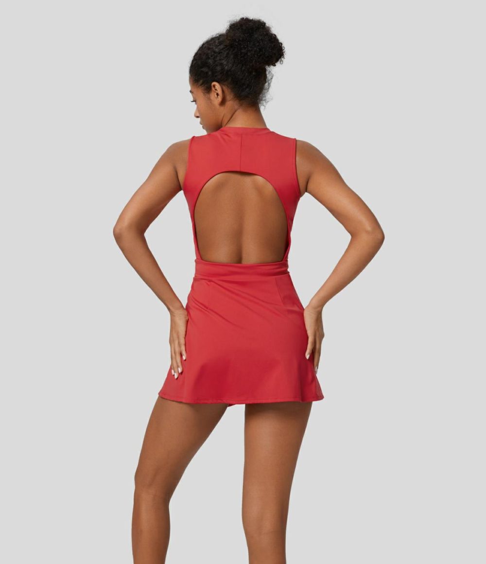 Softlyzero™ Airy Sleeveless Backless Drawstring Split 2-Piece Pocket Cool Touch Mini Active Dress-UPF50+  | Womens  Active Dresses Active Dresses Active Dresses