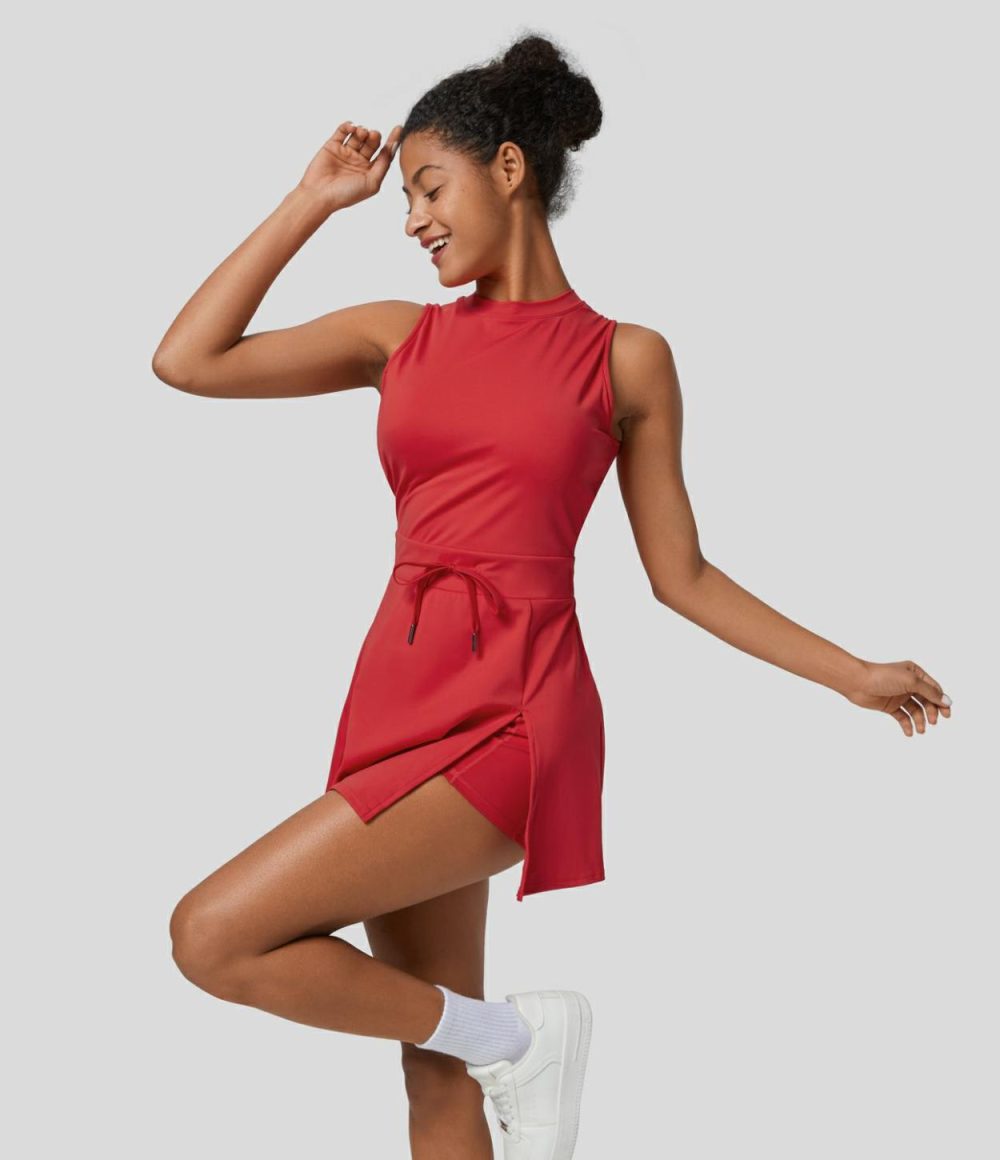 Softlyzero™ Airy Sleeveless Backless Drawstring Split 2-Piece Pocket Cool Touch Mini Active Dress-UPF50+  | Womens  Active Dresses Active Dresses Active Dresses