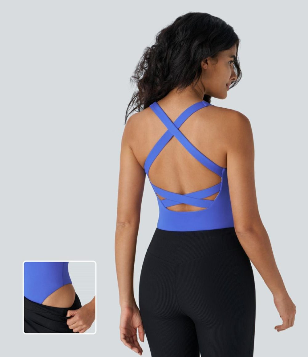 Softlyzero™ Airy Square Neck Backless Crisscross Cool Touch Yoga Bodysuit-UPF50+  | Womens  Bodysuits Clothing Aster Blue/Black