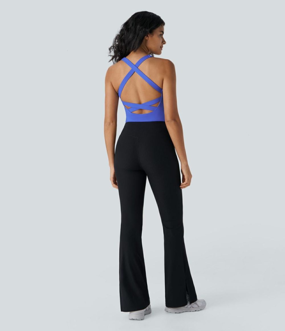 Softlyzero™ Airy Square Neck Backless Crisscross Cool Touch Yoga Bodysuit-UPF50+  | Womens  Bodysuits Clothing Aster Blue/Black