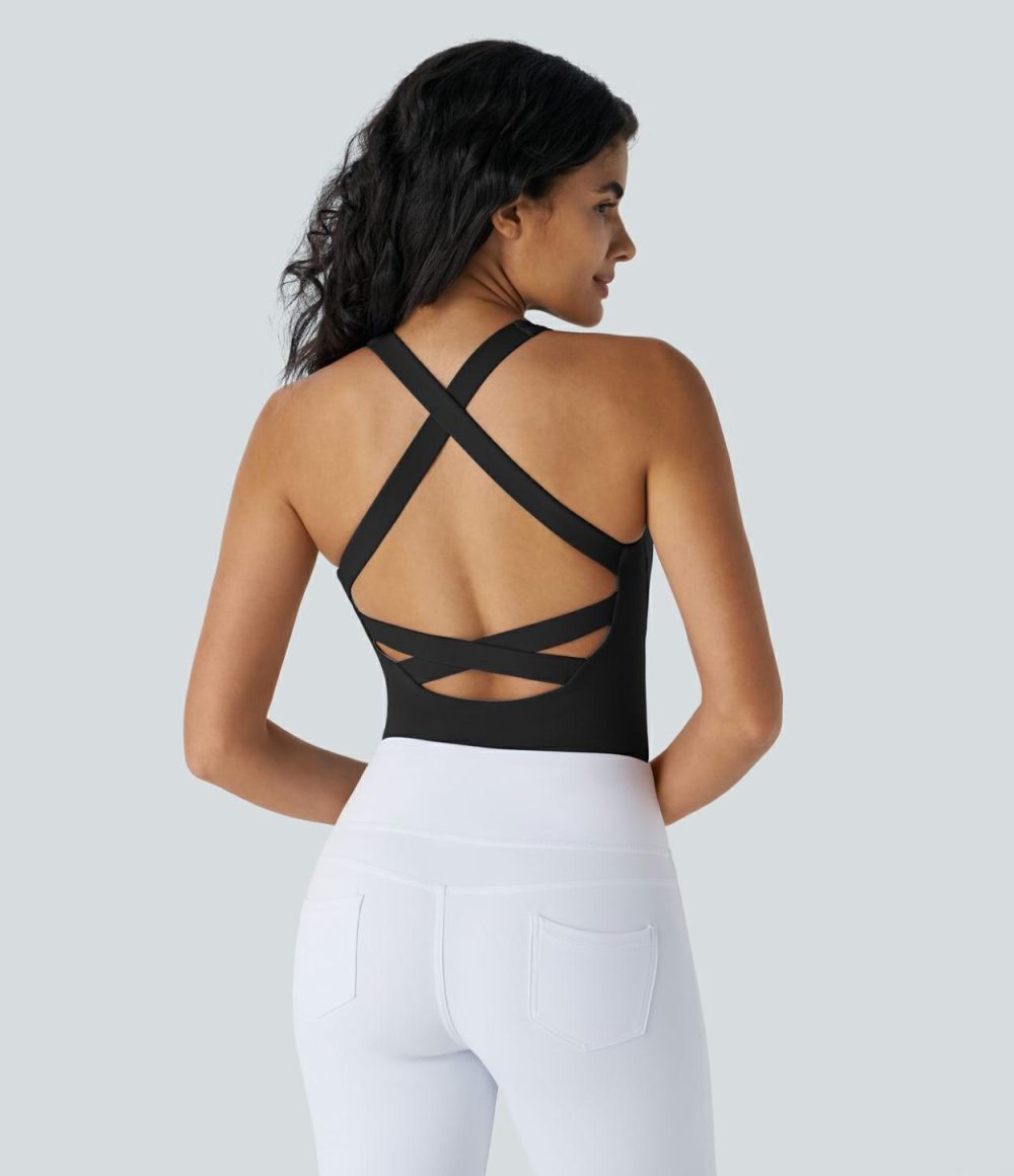 Softlyzero™ Airy Square Neck Backless Crisscross Cool Touch Yoga Bodysuit-UPF50+  | Womens  Bodysuits Clothing Aster Blue/Black