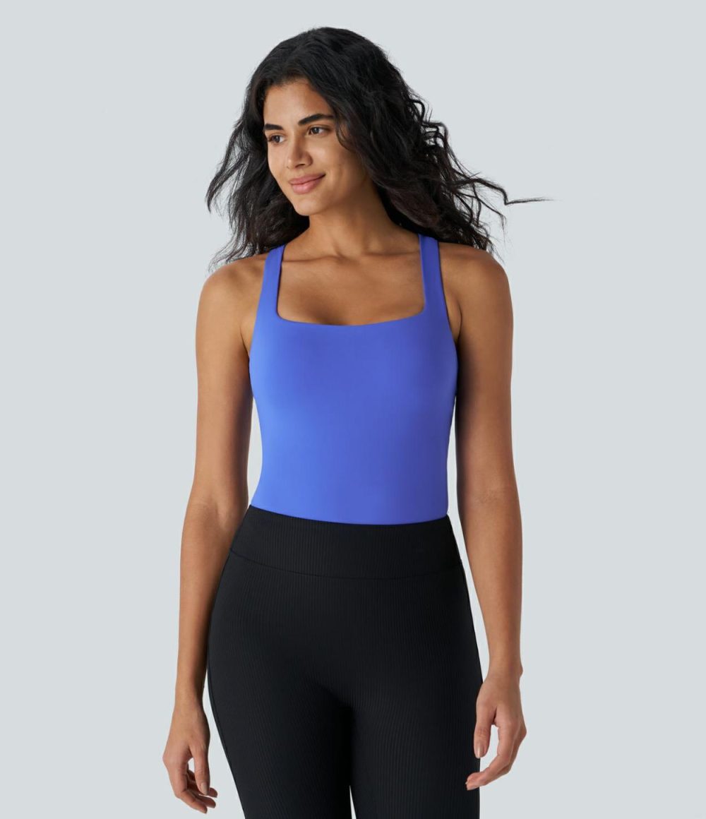 Softlyzero™ Airy Square Neck Backless Crisscross Cool Touch Yoga Bodysuit-UPF50+  | Womens  Bodysuits Clothing Aster Blue/Black