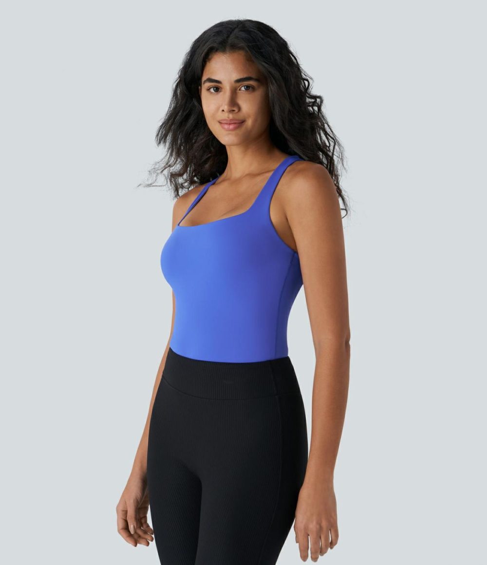 Softlyzero™ Airy Square Neck Backless Crisscross Cool Touch Yoga Bodysuit-UPF50+  | Womens  Bodysuits Clothing Aster Blue/Black