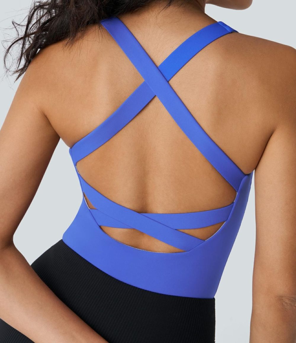 Softlyzero™ Airy Square Neck Backless Crisscross Cool Touch Yoga Bodysuit-UPF50+  | Womens  Bodysuits Clothing Aster Blue/Black