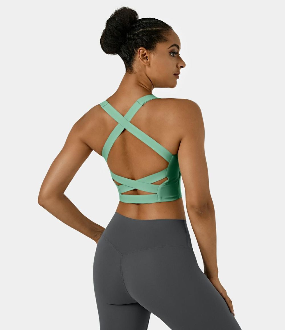 Softlyzero™ Airy Square Neck Backless Crisscross Cropped Cool Touch Yoga Tank Top-UPF50+  | Womens  Cropped Tops Clothing Black/Steel Gray/White/Neptune Green/Loden Green/Peacoat/Aster Blue/Nosegay/Poinsettia/Fuchsia Fedora