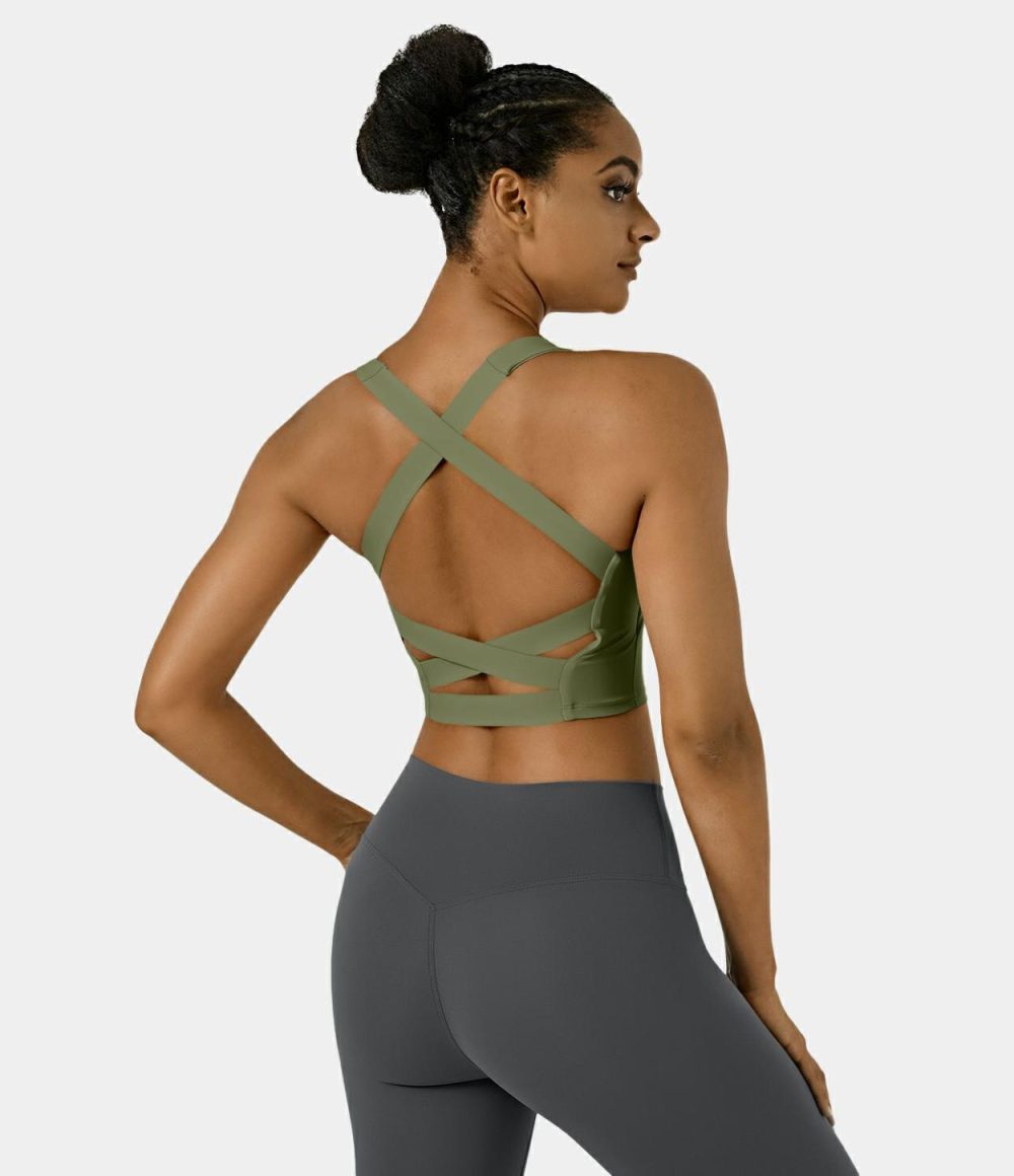 Softlyzero™ Airy Square Neck Backless Crisscross Cropped Cool Touch Yoga Tank Top-UPF50+  | Womens  Cropped Tops Clothing Black/Steel Gray/White/Neptune Green/Loden Green/Peacoat/Aster Blue/Nosegay/Poinsettia/Fuchsia Fedora