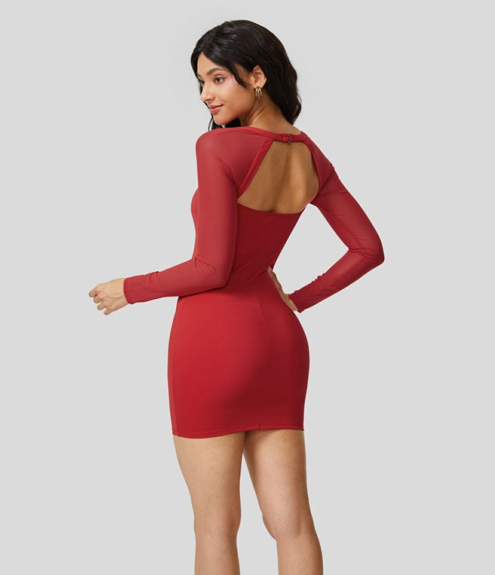 Softlyzero™ Airy Square Neck Backless Long Sleeve Contrast Mesh Bodycon Mini Cool Touch Party Dress-UPF50+  | Womens  Mini Dresses Clothing Black/Mars Red