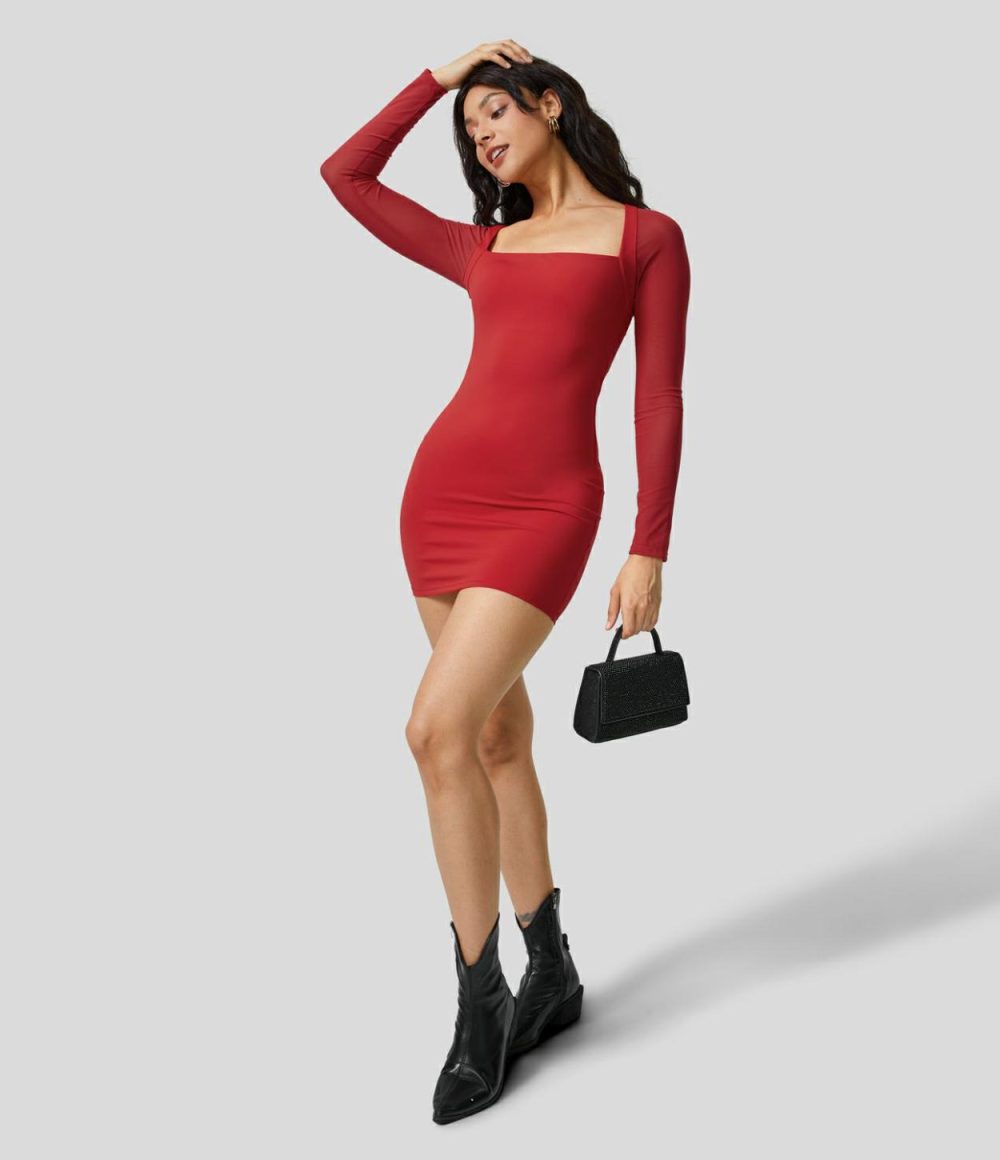 Softlyzero™ Airy Square Neck Backless Long Sleeve Contrast Mesh Bodycon Mini Cool Touch Party Dress-UPF50+  | Womens  Mini Dresses Clothing Black/Mars Red