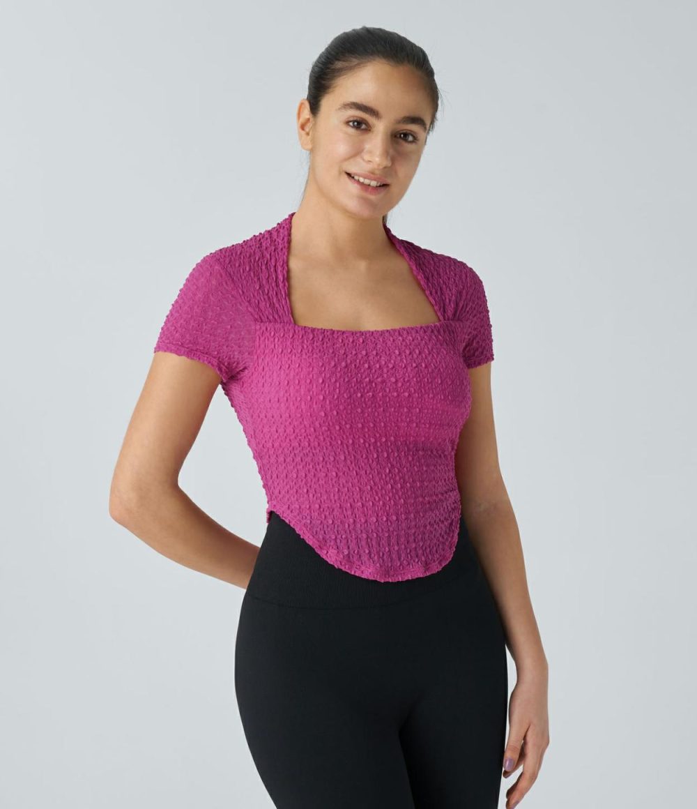 Softlyzero™ Airy Square Neck Short Sleeve Curved Hem Cool Touch Yoga Sports Top-UPF50+  | Womens  Sports Tops Clothing Black/Fuchsia Fedora