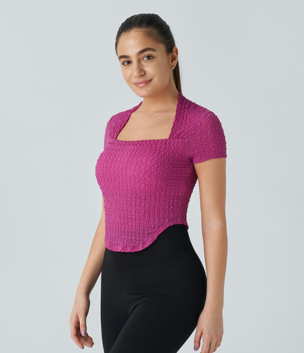 Softlyzero™ Airy Square Neck Short Sleeve Curved Hem Cool Touch Yoga Sports Top-UPF50+  | Womens  Sports Tops Clothing Black/Fuchsia Fedora