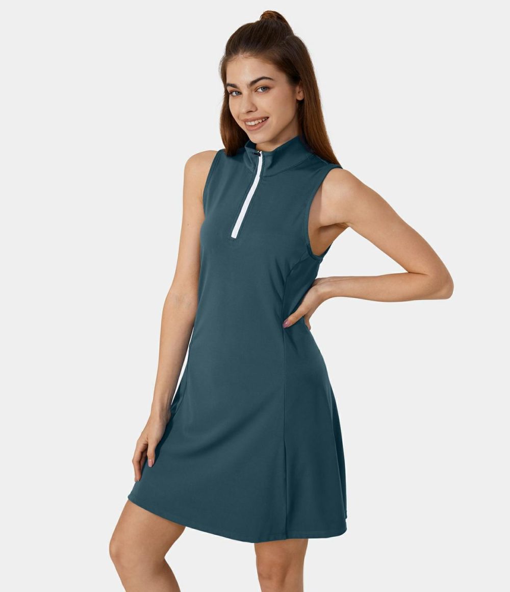 Softlyzero™ Airy Stand Collar Zipper 2-Piece Pocket Cool Touch Mini Golf Active Dress-UPF50+  | Womens  Active Dresses Active Dresses Active Dresses