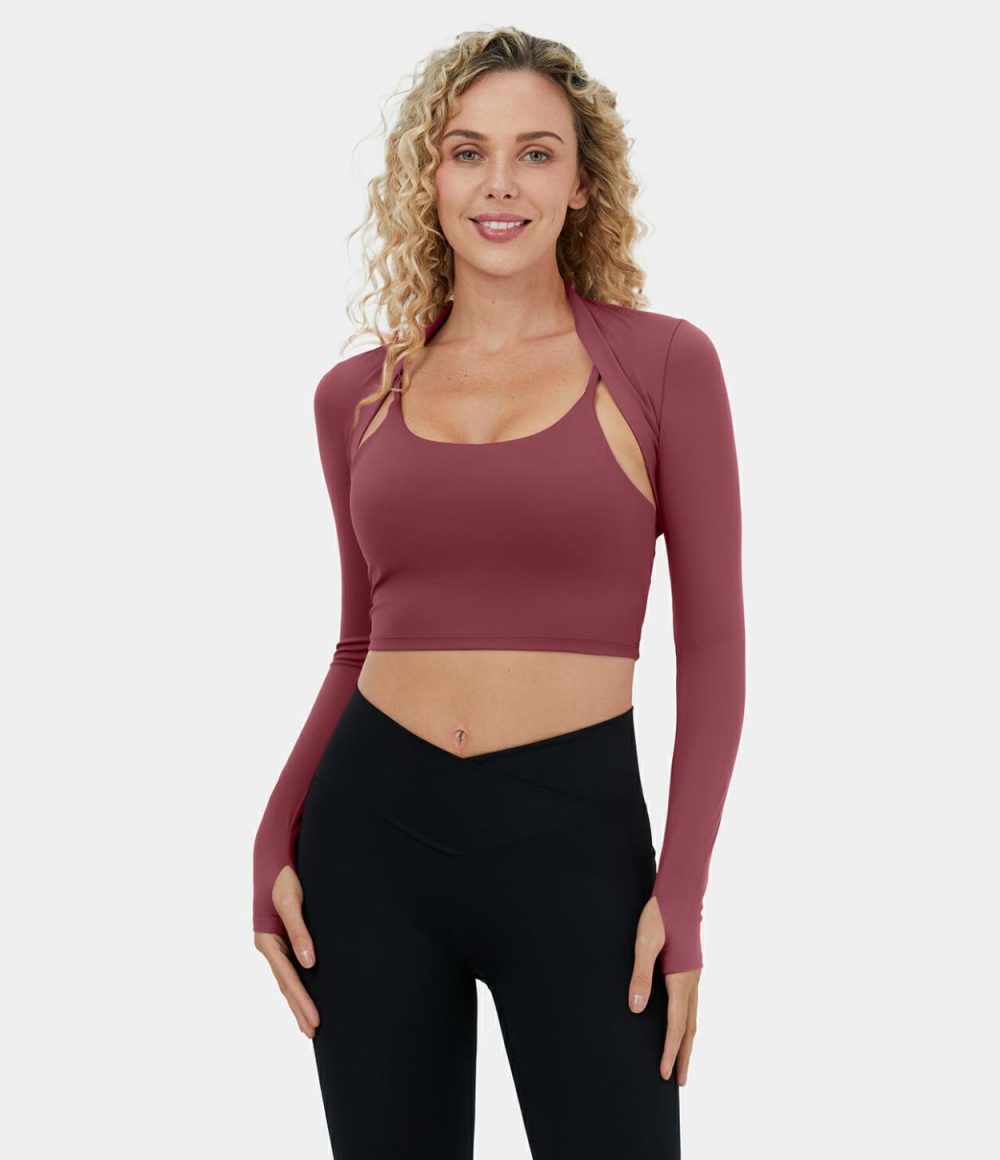 Softlyzero™ Airy Thumb Hole Cropped Cool Touch Golf Shrug Sports Top-UPF50+  | Womens  Sports Tops Clothing Black/Nosegay/White/Cordovan