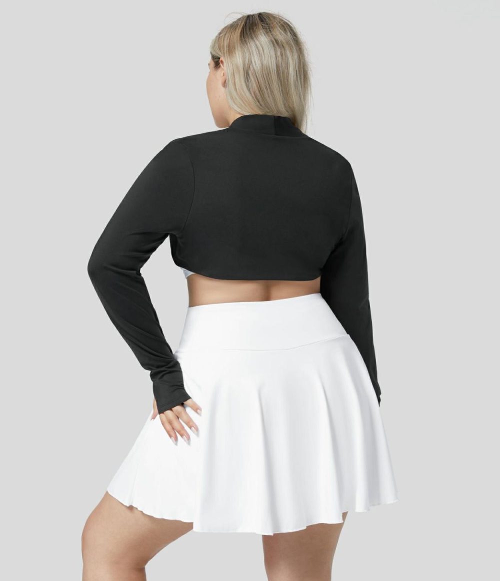 Softlyzero™ Airy Thumb Hole Cropped Cool Touch Plus Size Golf Shrug Sports Top-UPF50+  | Womens  Long Sleeve Tops Clothing Black/White