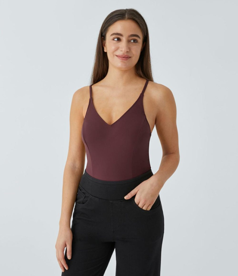 Softlyzero™ Airy V Neck Backless Cool Touch Casual Slip Bodysuit-UPF50+  | Womens  Bodysuits Bodysuits Berry Red/Black