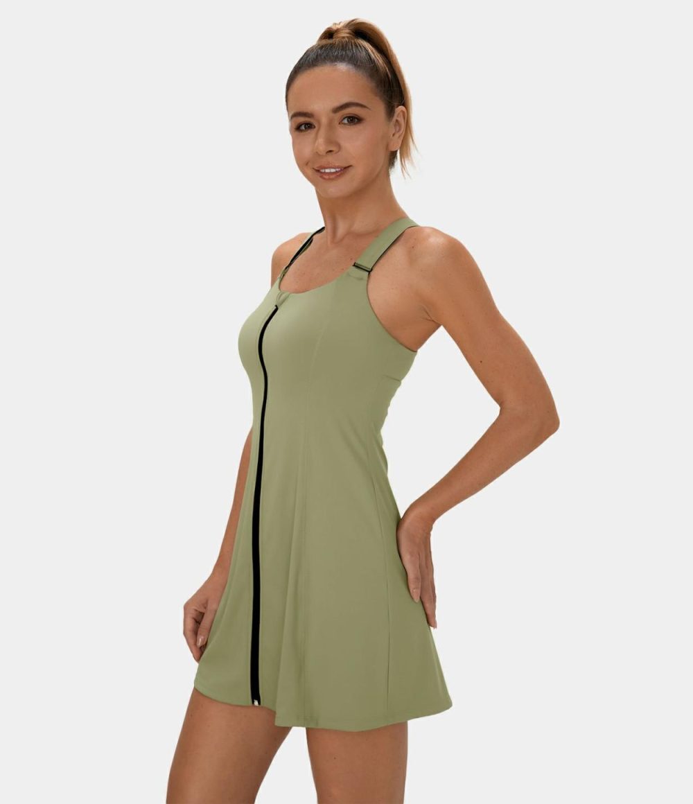 Softlyzero™ Airy Zip Adjustable Strap Backless Cool Touch Mini Tennis Active Dress-UPF50+  | Womens  Active Dresses Active Dresses Active Dresses