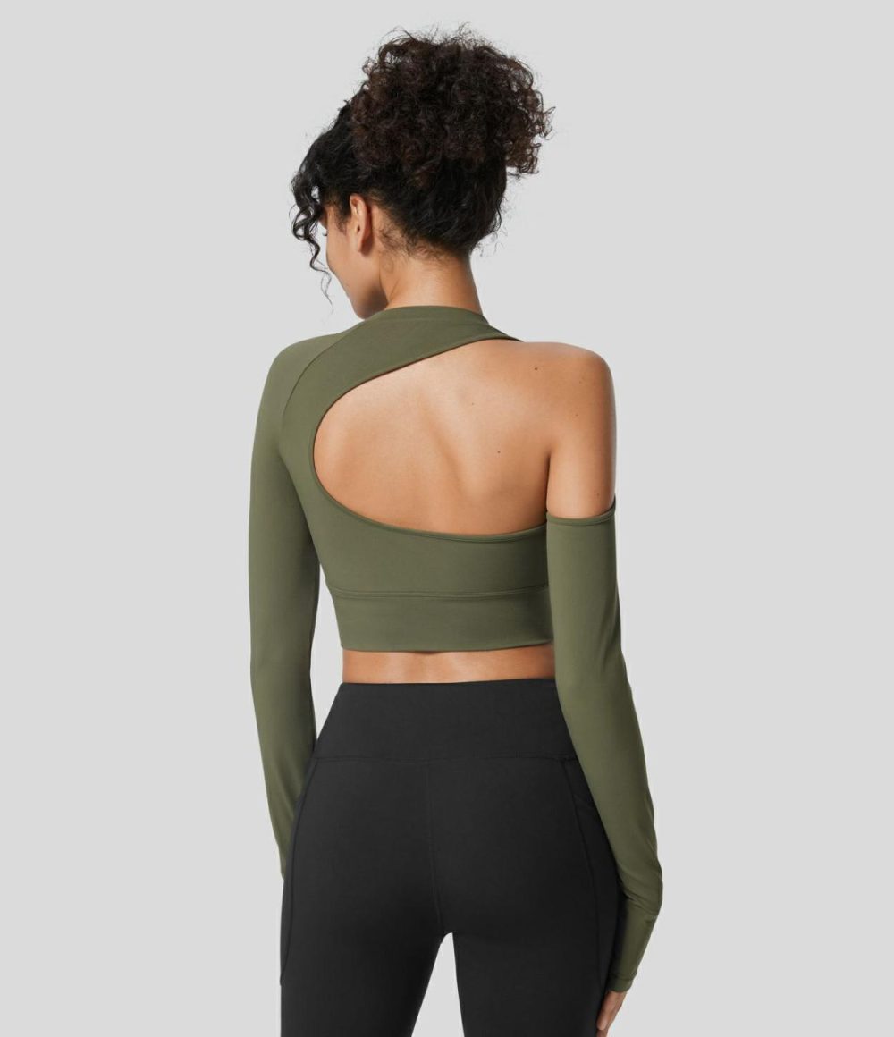 Softlyzero™  Asymmetric Backless Thumb Hole Cropped Yoga Sports Top-UPF50+  | Womens  Sports Tops Clothing Grass Grey Green/Black