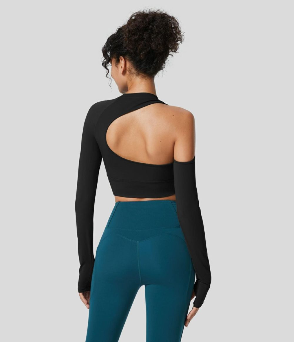 Softlyzero™  Asymmetric Backless Thumb Hole Cropped Yoga Sports Top-UPF50+  | Womens  Sports Tops Clothing Grass Grey Green/Black