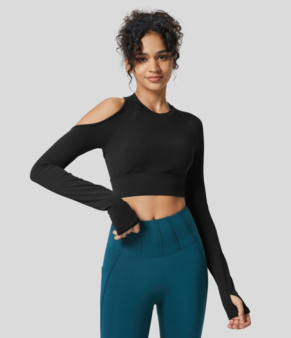 Softlyzero™  Asymmetric Backless Thumb Hole Cropped Yoga Sports Top-UPF50+  | Womens  Sports Tops Clothing Grass Grey Green/Black