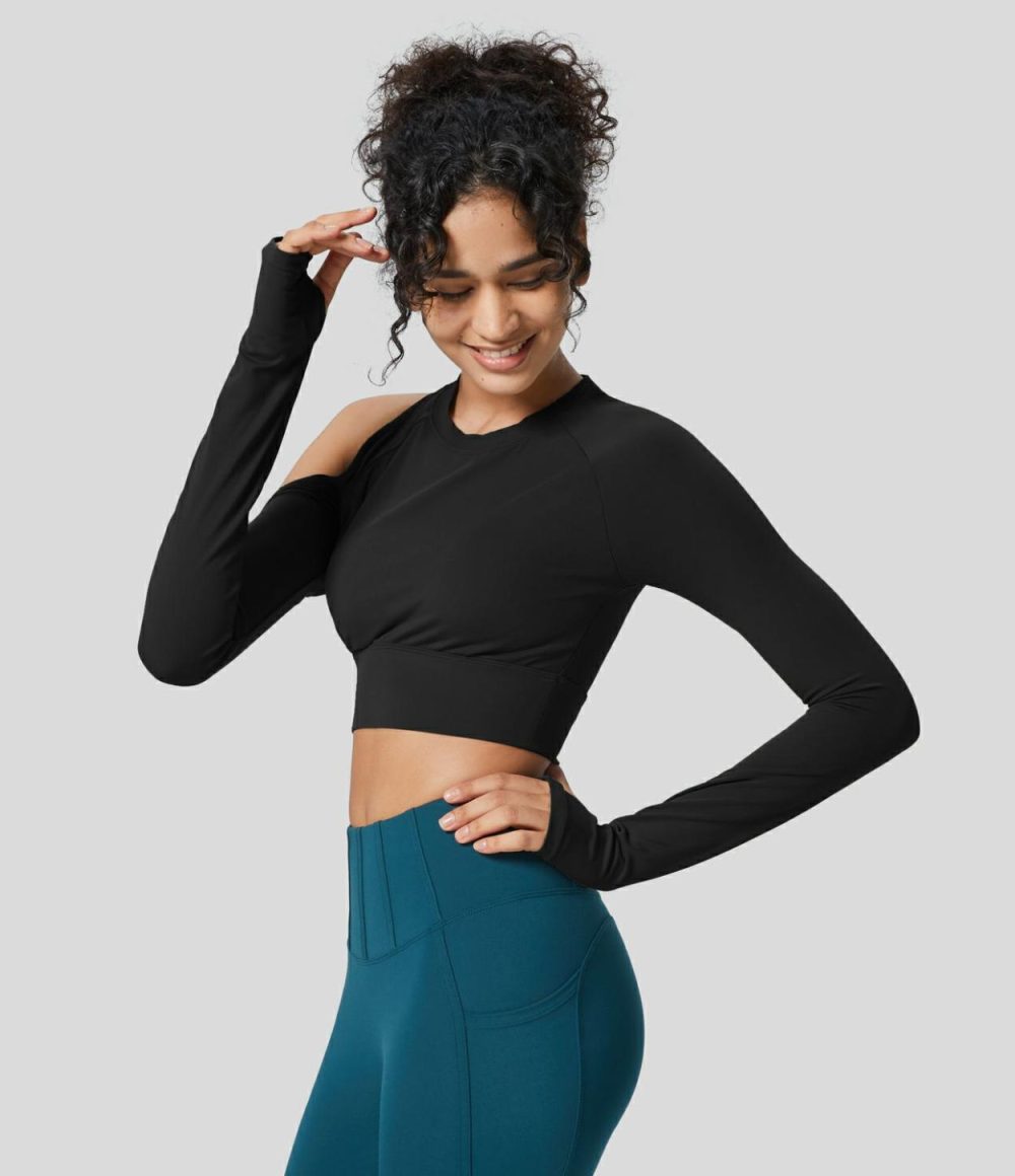 Softlyzero™  Asymmetric Backless Thumb Hole Cropped Yoga Sports Top-UPF50+  | Womens  Sports Tops Clothing Grass Grey Green/Black