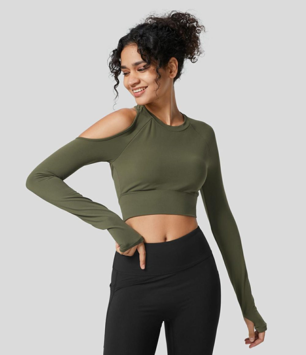 Softlyzero™  Asymmetric Backless Thumb Hole Cropped Yoga Sports Top-UPF50+  | Womens  Sports Tops Clothing Grass Grey Green/Black