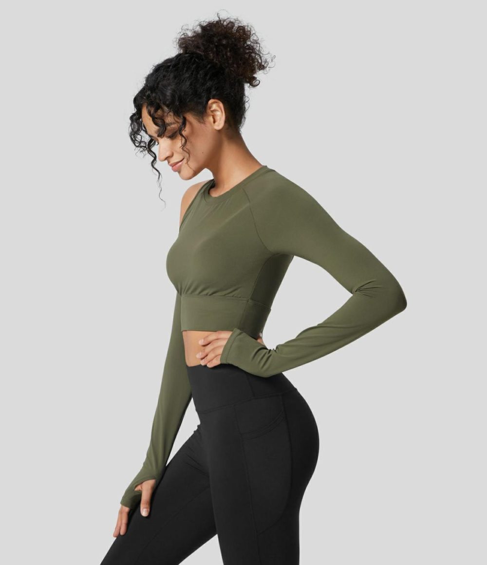 Softlyzero™  Asymmetric Backless Thumb Hole Cropped Yoga Sports Top-UPF50+  | Womens  Sports Tops Clothing Grass Grey Green/Black