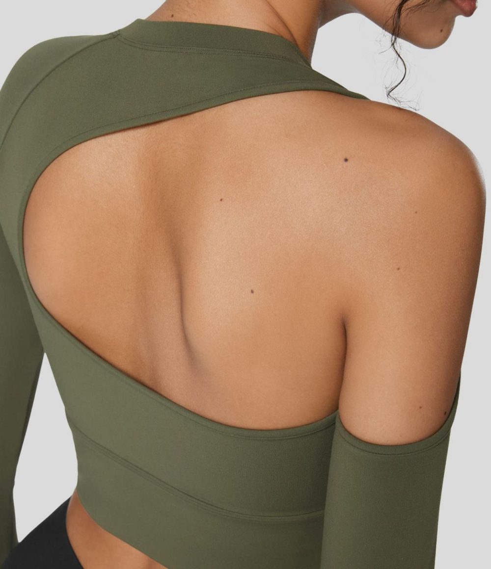 Softlyzero™  Asymmetric Backless Thumb Hole Cropped Yoga Sports Top-UPF50+  | Womens  Sports Tops Clothing Grass Grey Green/Black