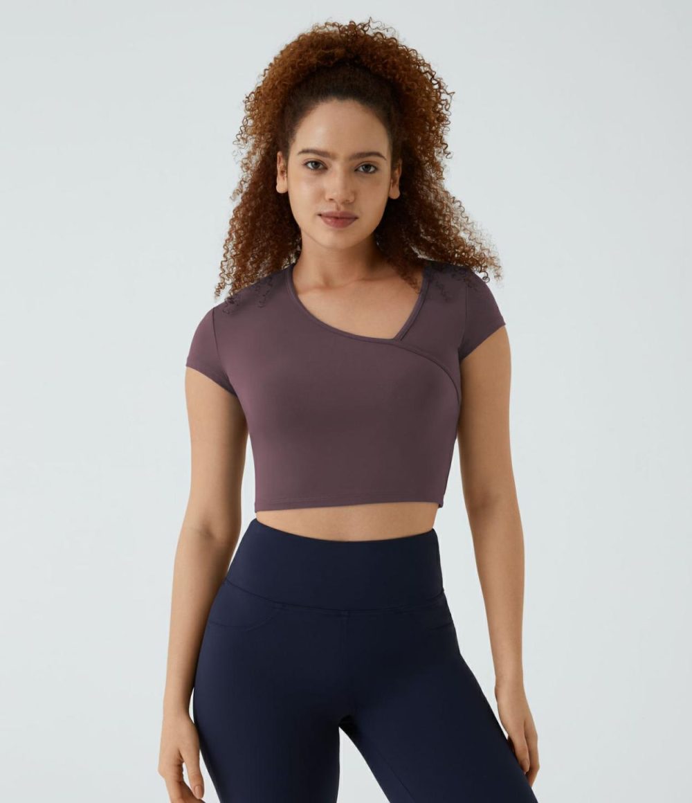 Softlyzero™ Asymmetric Neck Short Sleeve Cropped Workout Sports Top-UPF50+  | Womens  Sports Tops Clothing Dusky Evening Purple/Gloomy Blue