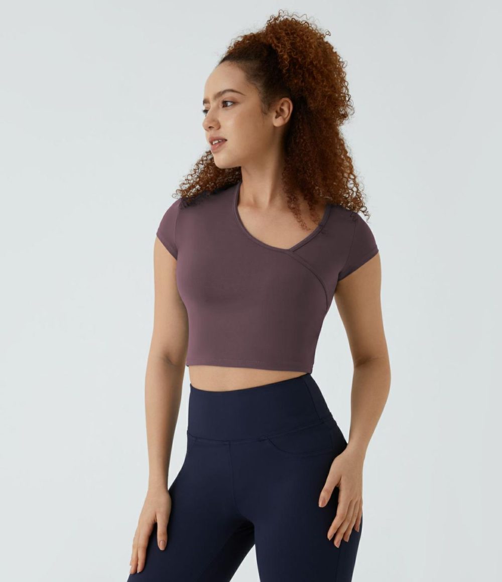 Softlyzero™ Asymmetric Neck Short Sleeve Cropped Workout Sports Top-UPF50+  | Womens  Sports Tops Clothing Dusky Evening Purple/Gloomy Blue