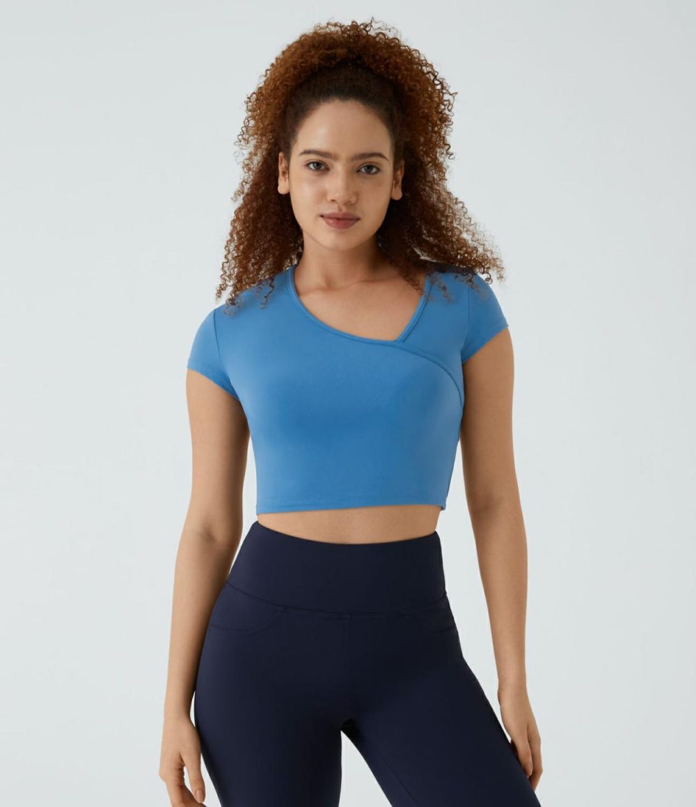 Softlyzero™ Asymmetric Neck Short Sleeve Cropped Workout Sports Top-UPF50+  | Womens  Sports Tops Clothing Dusky Evening Purple/Gloomy Blue