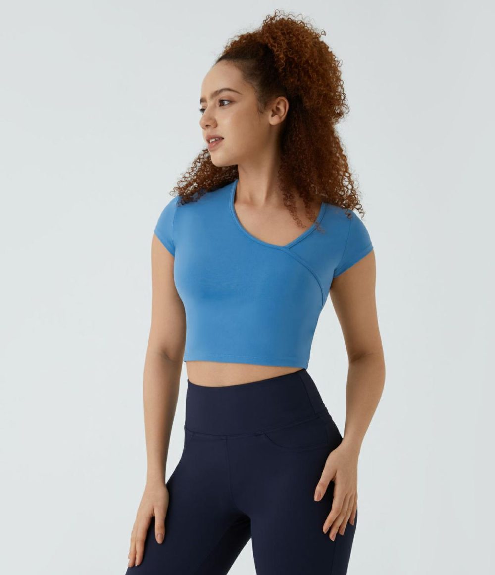 Softlyzero™ Asymmetric Neck Short Sleeve Cropped Workout Sports Top-UPF50+  | Womens  Sports Tops Clothing Dusky Evening Purple/Gloomy Blue