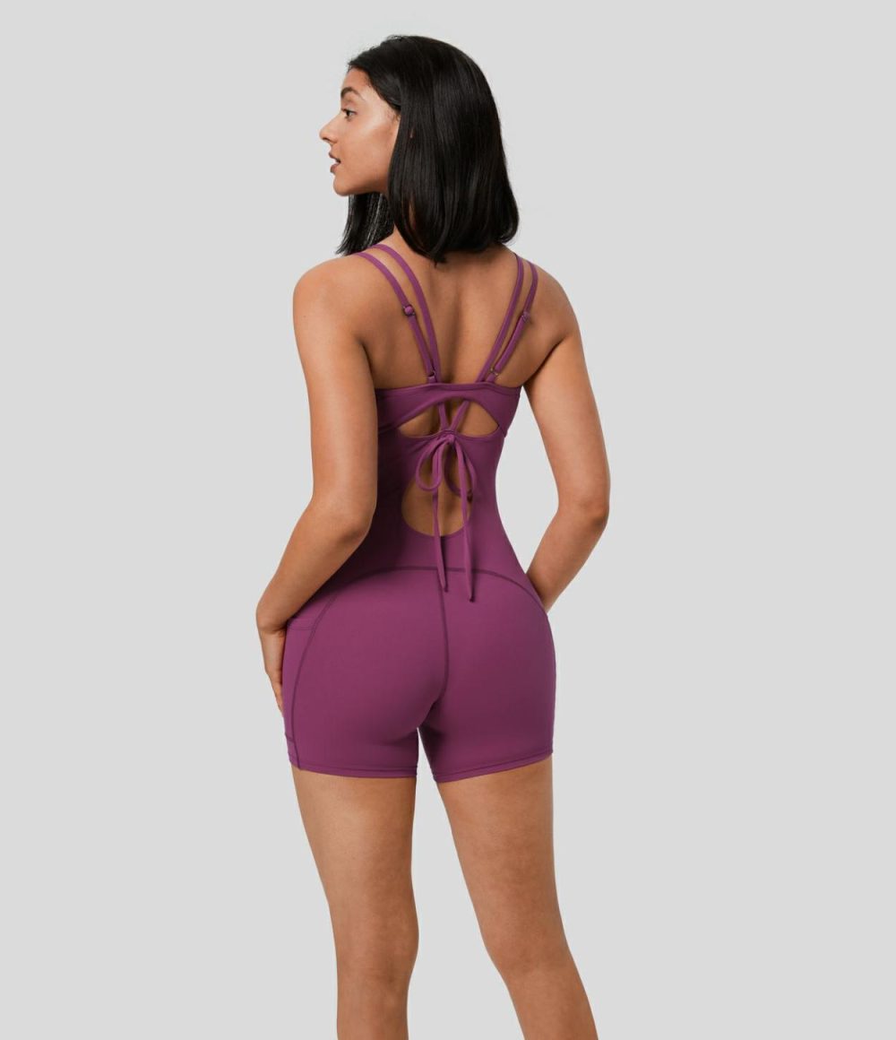 Softlyzero™ Backless Adjustable Strap Tie Back Side Pocket Skinny Workout Romper-UPF50+  | Womens  Rompers Clothing Rompers