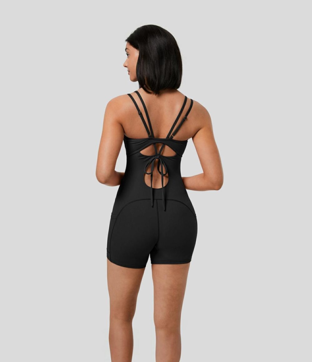 Softlyzero™ Backless Adjustable Strap Tie Back Side Pocket Skinny Workout Romper-UPF50+  | Womens  Rompers Clothing Rompers