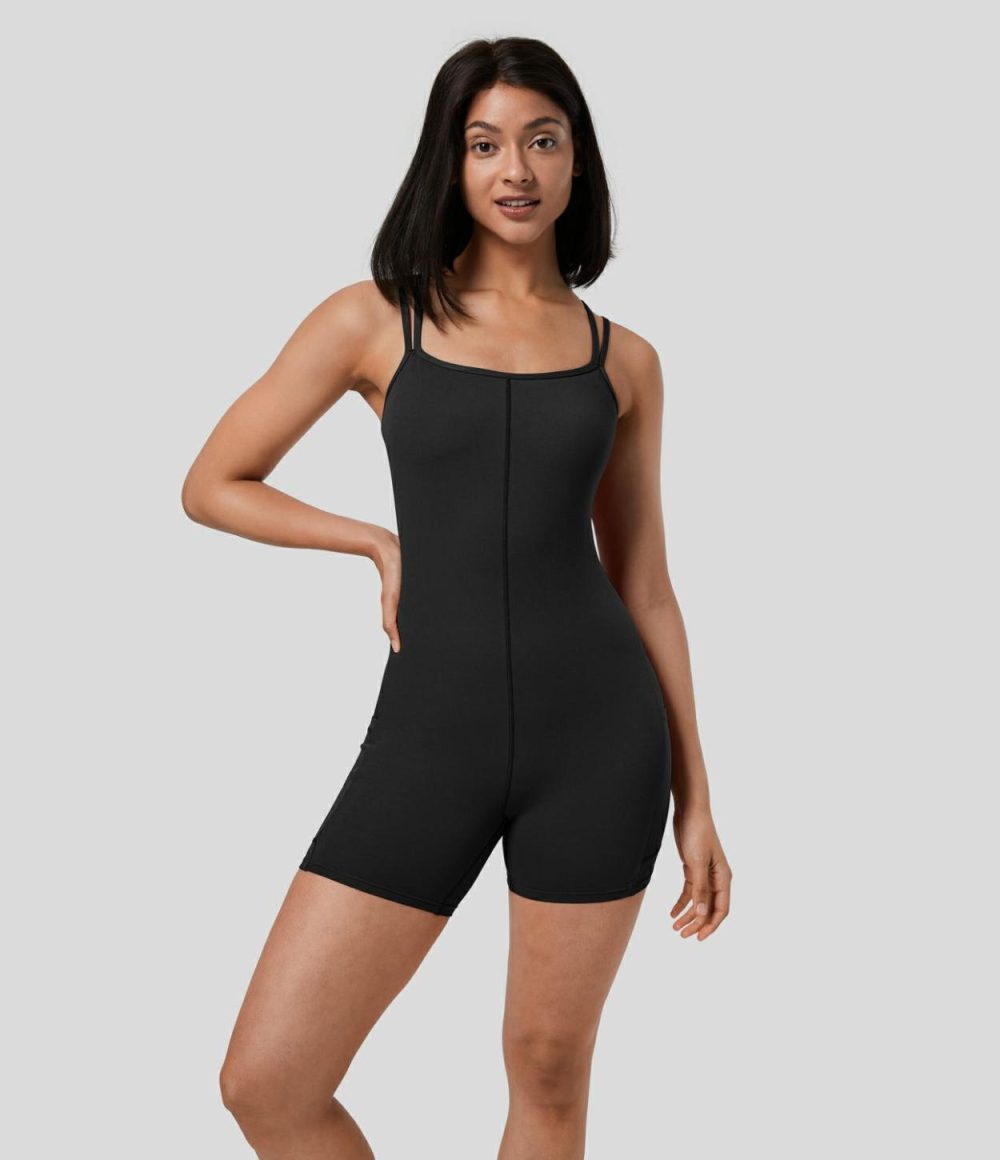 Softlyzero™ Backless Adjustable Strap Tie Back Side Pocket Skinny Workout Romper-UPF50+  | Womens  Rompers Clothing Rompers