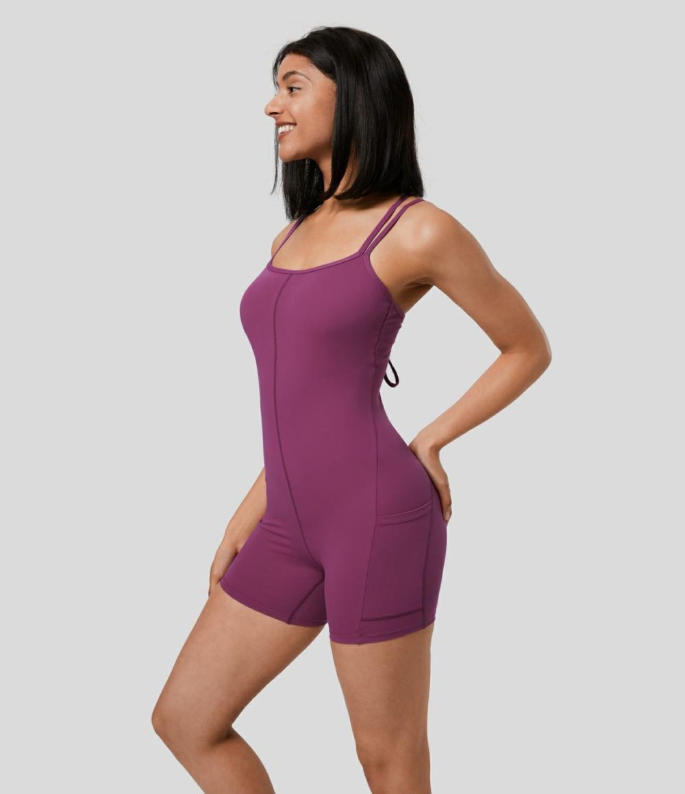 Softlyzero™ Backless Adjustable Strap Tie Back Side Pocket Skinny Workout Romper-UPF50+  | Womens  Rompers Clothing Rompers