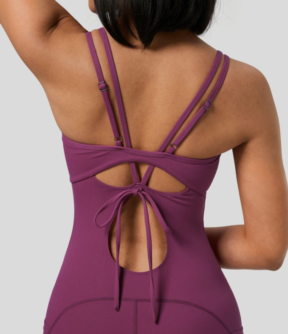 Softlyzero™ Backless Adjustable Strap Tie Back Side Pocket Skinny Workout Romper-UPF50+  | Womens  Rompers Clothing Rompers