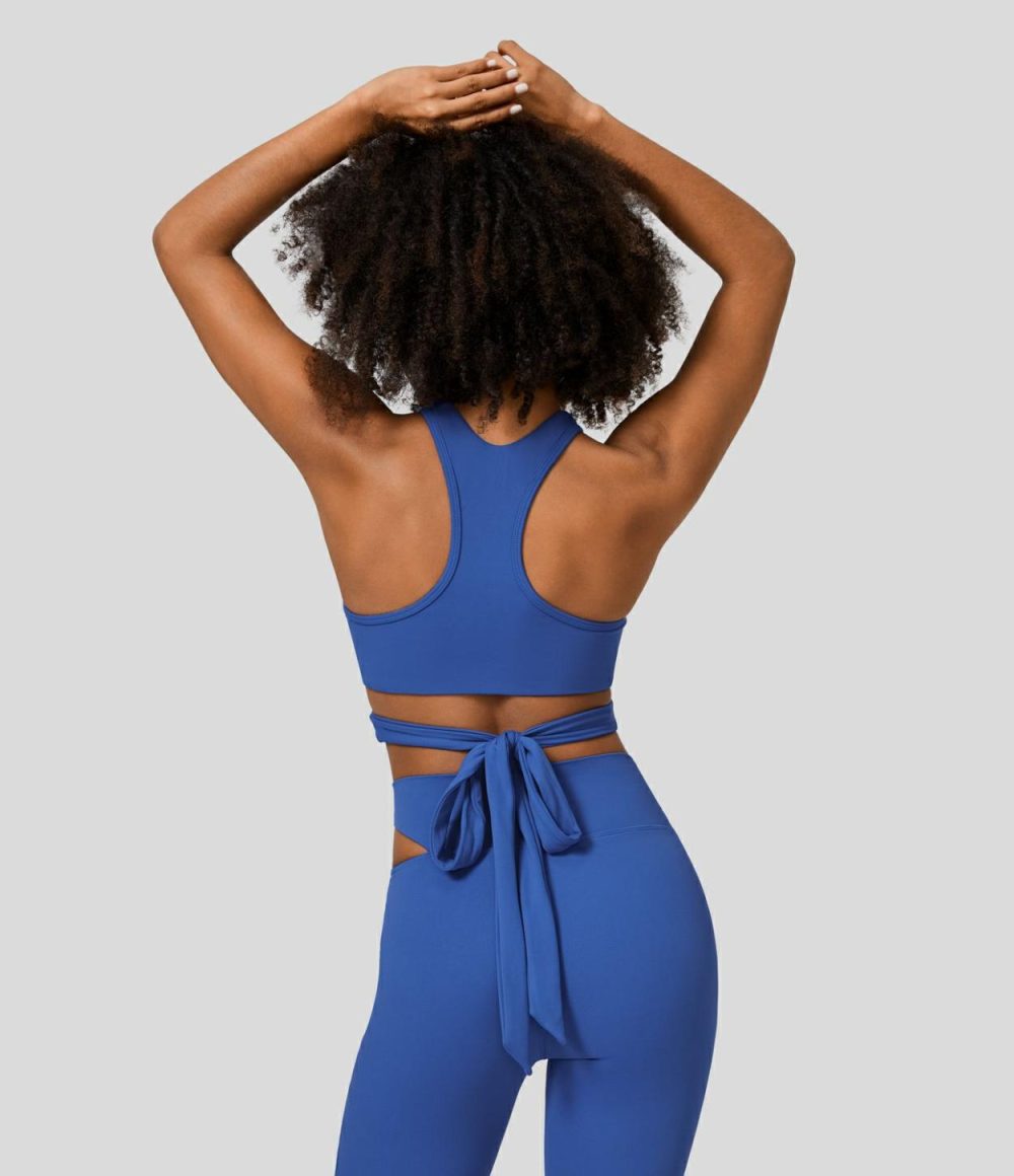 Softlyzero™ Backless Racerback Tie Back Cropped Workout Tank Top-UPF50+  | Womens  Cropped Tops Clothing Beaucoup Blue/Black