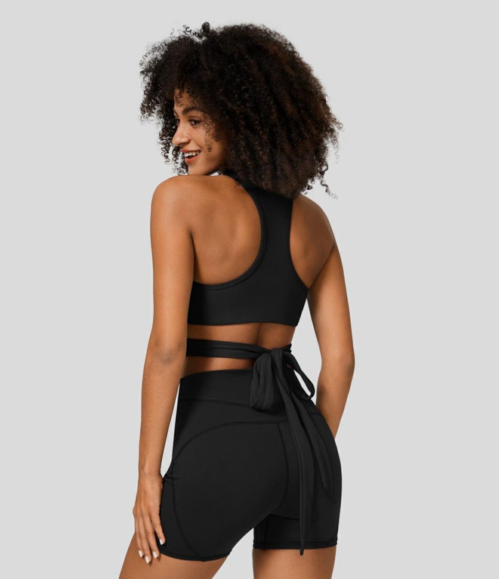 Softlyzero™ Backless Racerback Tie Back Cropped Workout Tank Top-UPF50+  | Womens  Cropped Tops Clothing Beaucoup Blue/Black