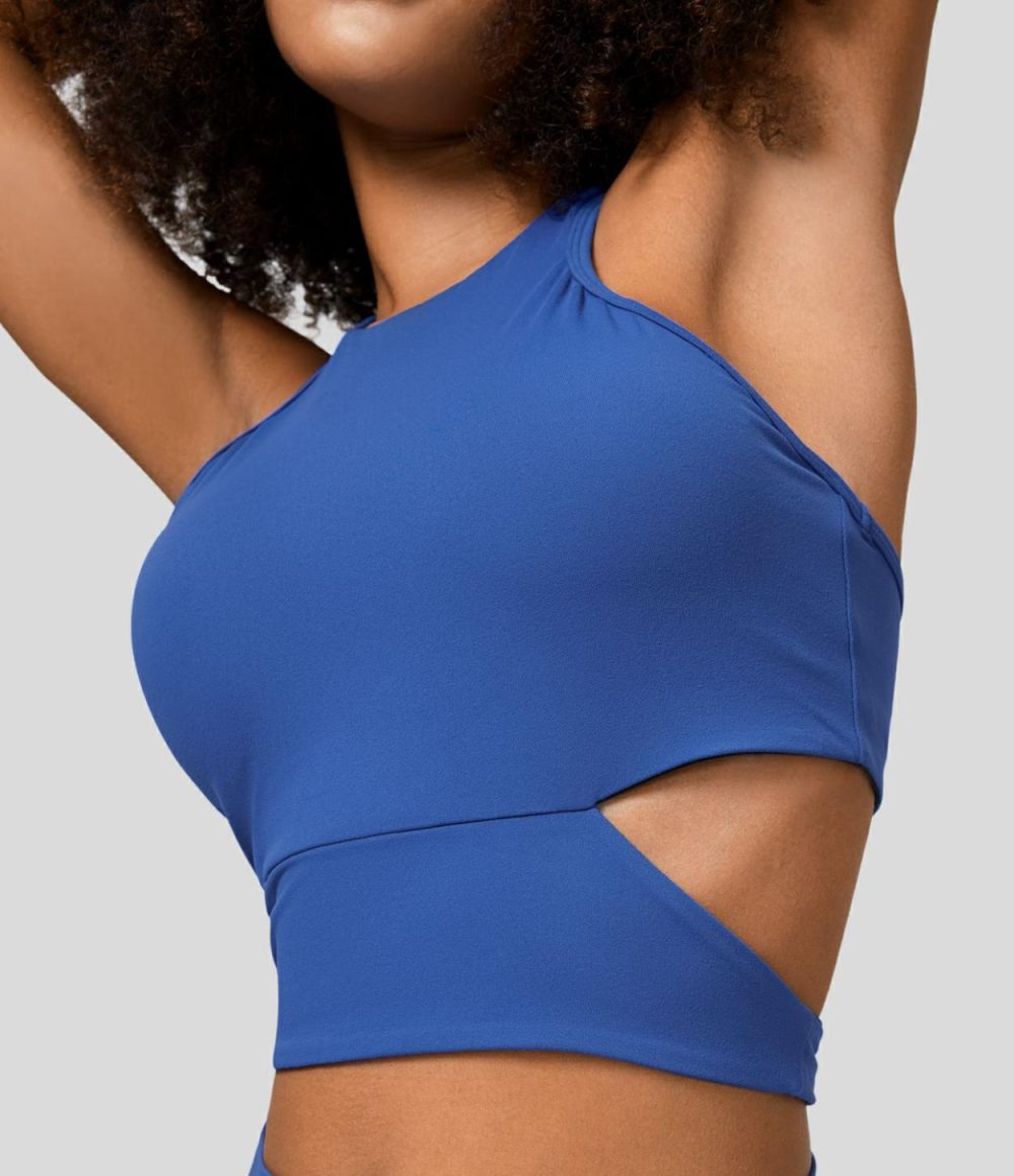 Softlyzero™ Backless Racerback Tie Back Cropped Workout Tank Top-UPF50+  | Womens  Cropped Tops Clothing Beaucoup Blue/Black