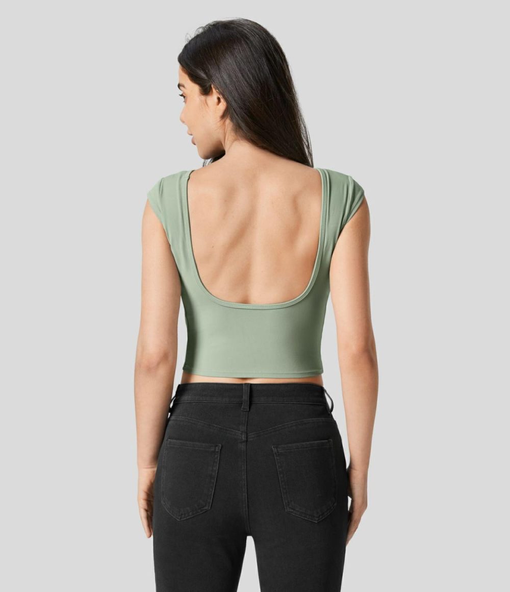 Softlyzero™ Boat Neck Cap Sleeve Backless Cropped Casual T-Shirt-UPF50+  | Womens  Cropped Tops Clothing Asparagus/White/Warm Mid Blue/Viridian/Black