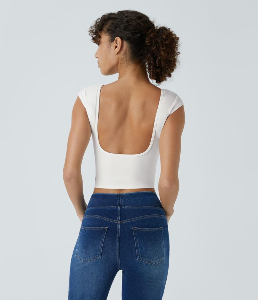 Softlyzero™ Boat Neck Cap Sleeve Backless Cropped Casual T-Shirt-UPF50+  | Womens  Cropped Tops Clothing Asparagus/White/Warm Mid Blue/Viridian/Black