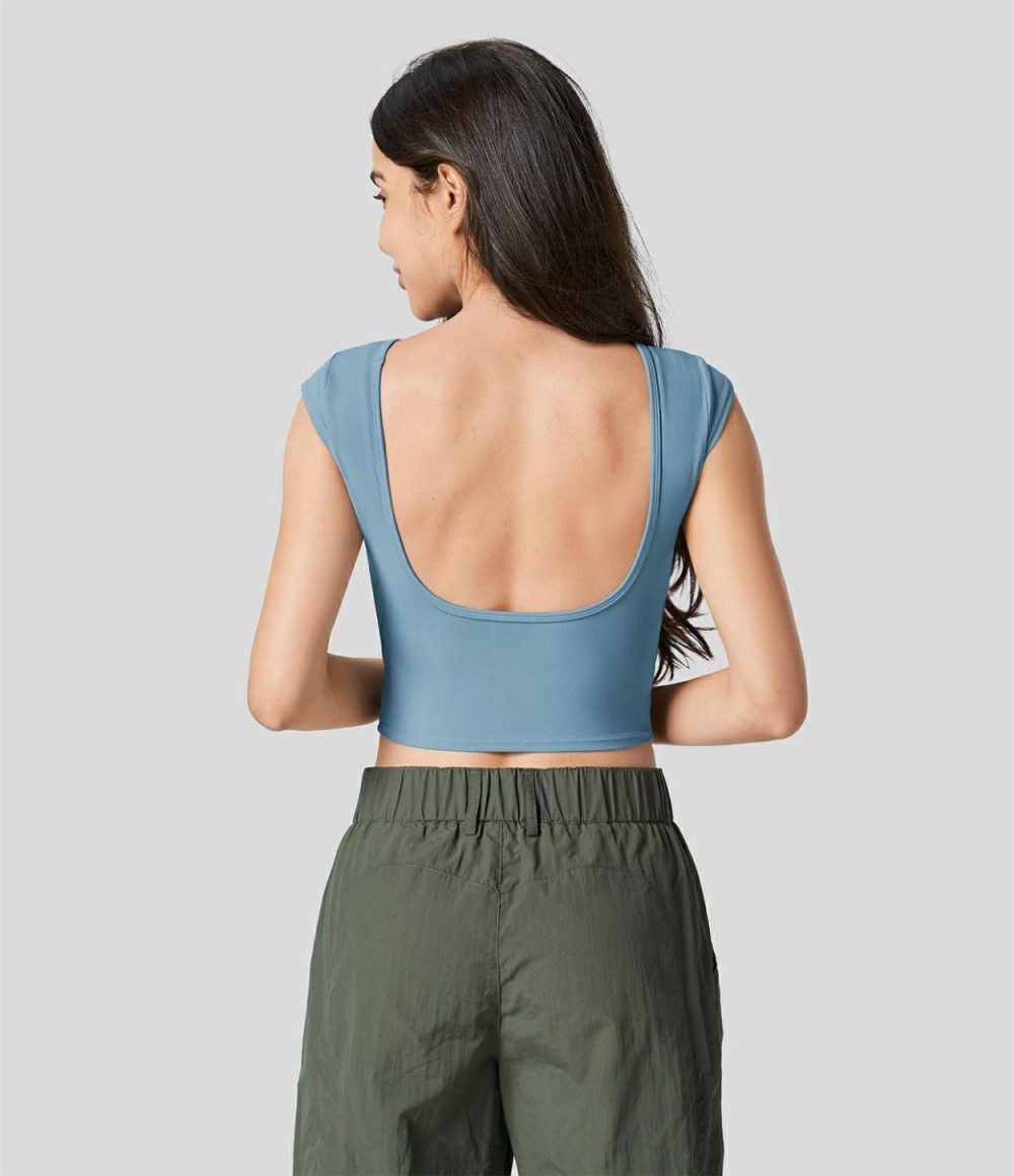 Softlyzero™ Boat Neck Cap Sleeve Backless Cropped Casual T-Shirt-UPF50+  | Womens  Cropped Tops Clothing Asparagus/White/Warm Mid Blue/Viridian/Black