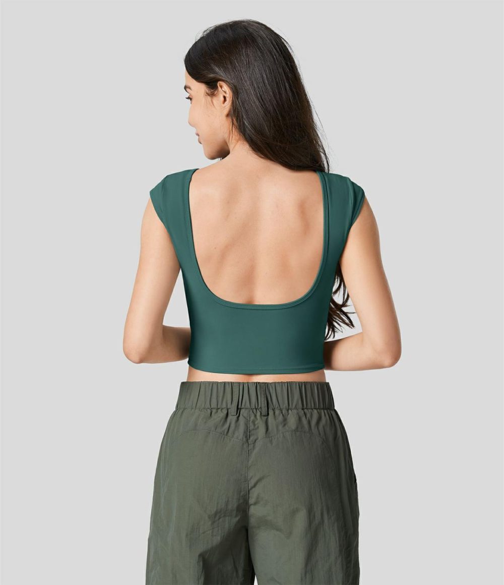 Softlyzero™ Boat Neck Cap Sleeve Backless Cropped Casual T-Shirt-UPF50+  | Womens  Cropped Tops Clothing Asparagus/White/Warm Mid Blue/Viridian/Black