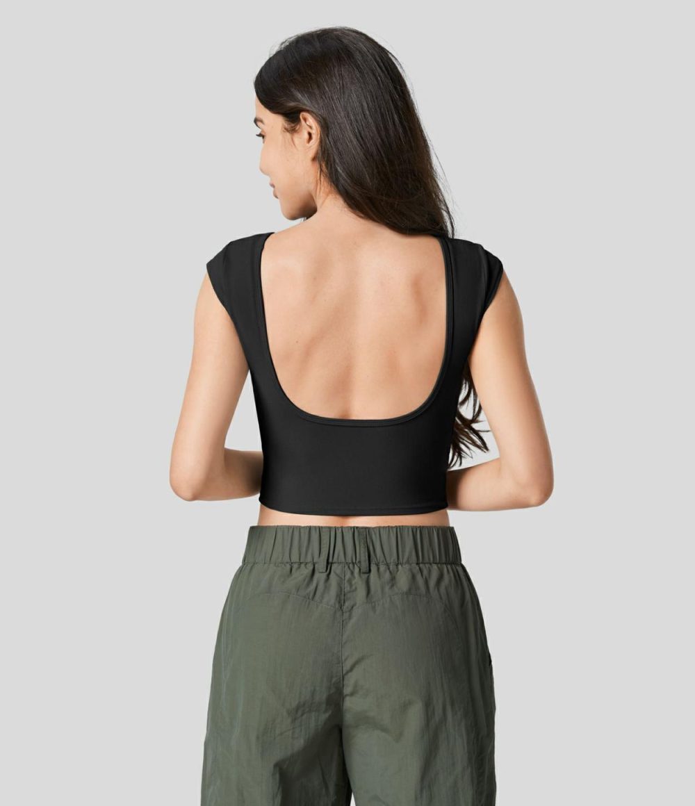 Softlyzero™ Boat Neck Cap Sleeve Backless Cropped Casual T-Shirt-UPF50+  | Womens  Cropped Tops Clothing Asparagus/White/Warm Mid Blue/Viridian/Black