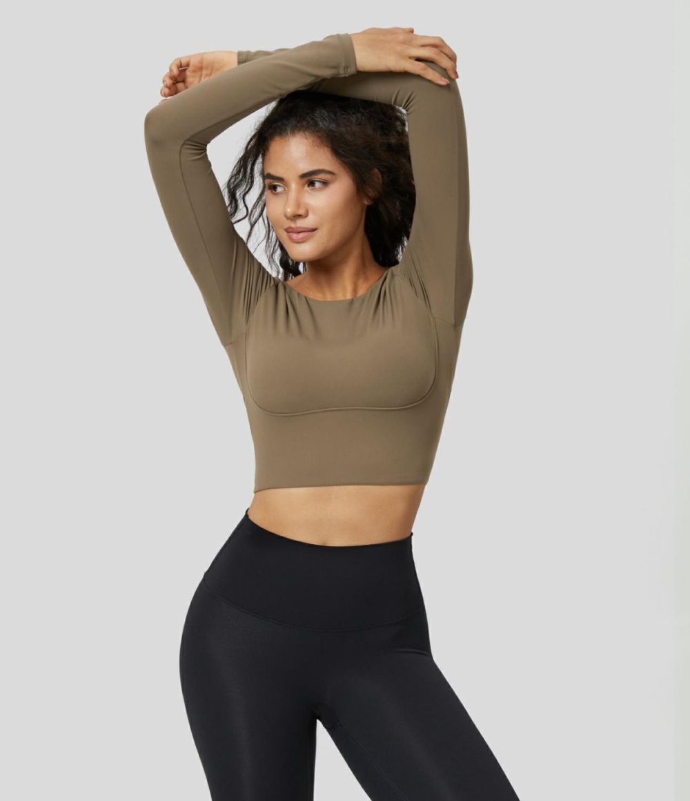 Softlyzero™ Boat Neck Long Sleeve Backless Twisted Back Solid Cropped Yoga Sports Top-UPF50+  | Womens  Sports Tops Clothing Black/Chestnut Brown