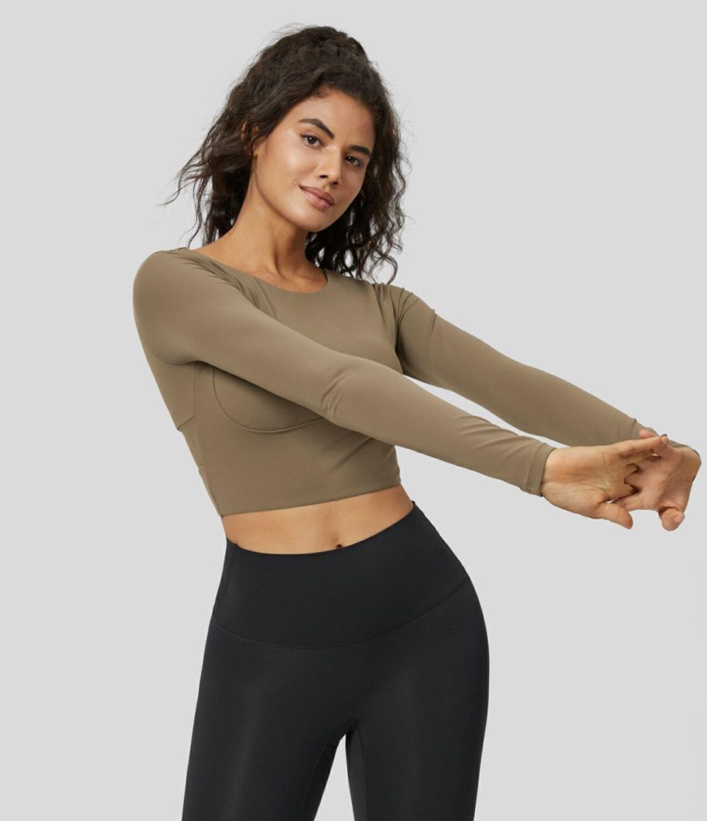 Softlyzero™ Boat Neck Long Sleeve Backless Twisted Back Solid Cropped Yoga Sports Top-UPF50+  | Womens  Sports Tops Clothing Black/Chestnut Brown