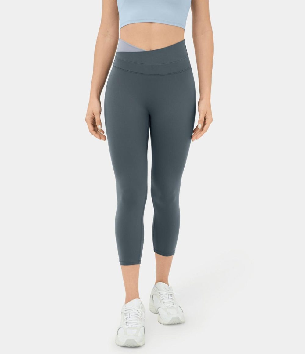 Softlyzero™ Crossover Color Block Capri Yoga Leggings  | Womens  Crossover Leggings Clothing Black/Turbulence