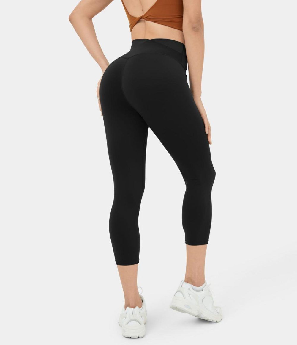 Softlyzero™ Crossover Color Block Capri Yoga Leggings  | Womens  Crossover Leggings Clothing Black/Turbulence