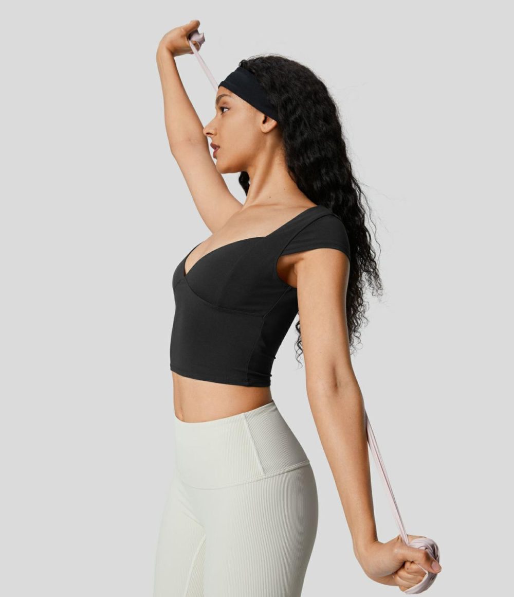 Softlyzero™ Deep V Neck Cap Sleeve Cropped Yoga Sports Top-UPF50+  | Womens  Sports Tops Clothing Sports Tops