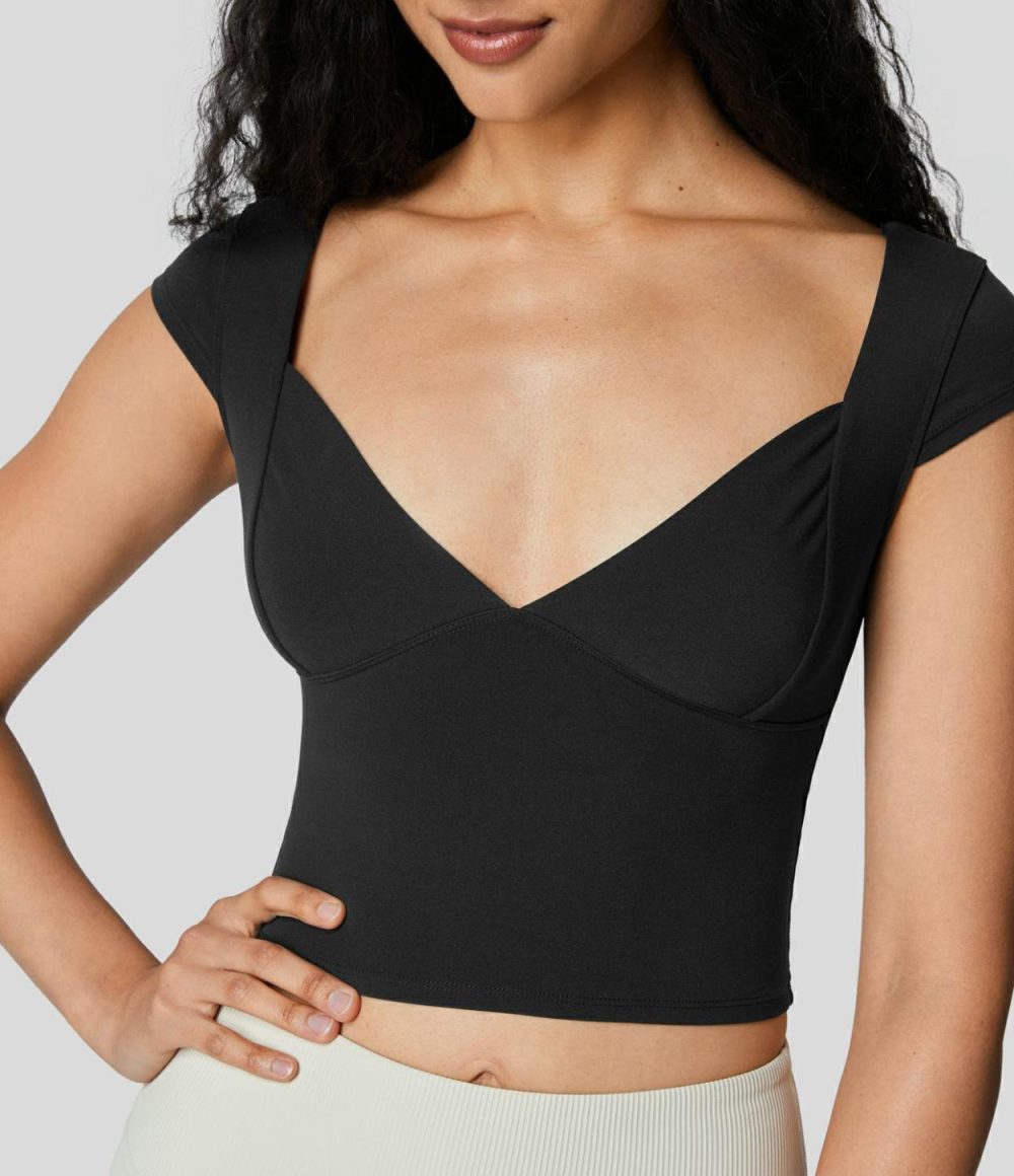 Softlyzero™ Deep V Neck Cap Sleeve Cropped Yoga Sports Top-UPF50+  | Womens  Sports Tops Clothing Sports Tops