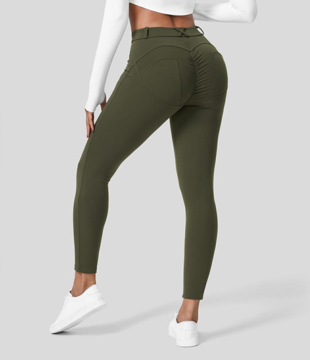 Softlyzero™ Eco High Waisted Button Ruched Yoga 7/8 Leggings  | Womens  Butt Lifting Leggings Butt Lifting Leggings Butt Lifting Leggings